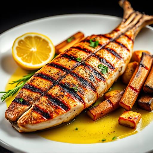 Grilled Swordfish: Fresh swordfish with roasted vegetables and lemon-butter sauce.