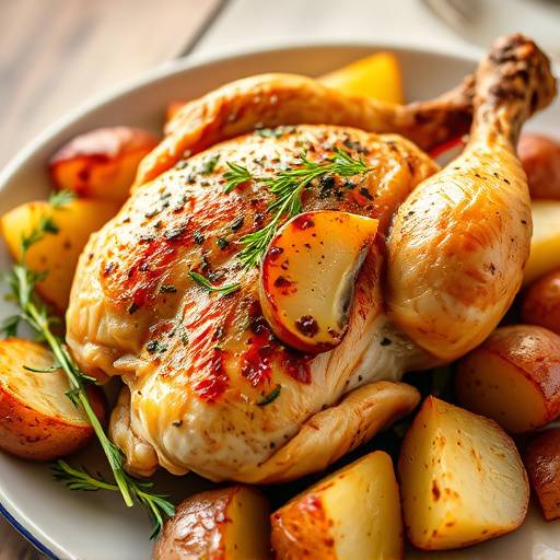 Roasted Chicken: Half roasted chicken with herbs and roasted potatoes.